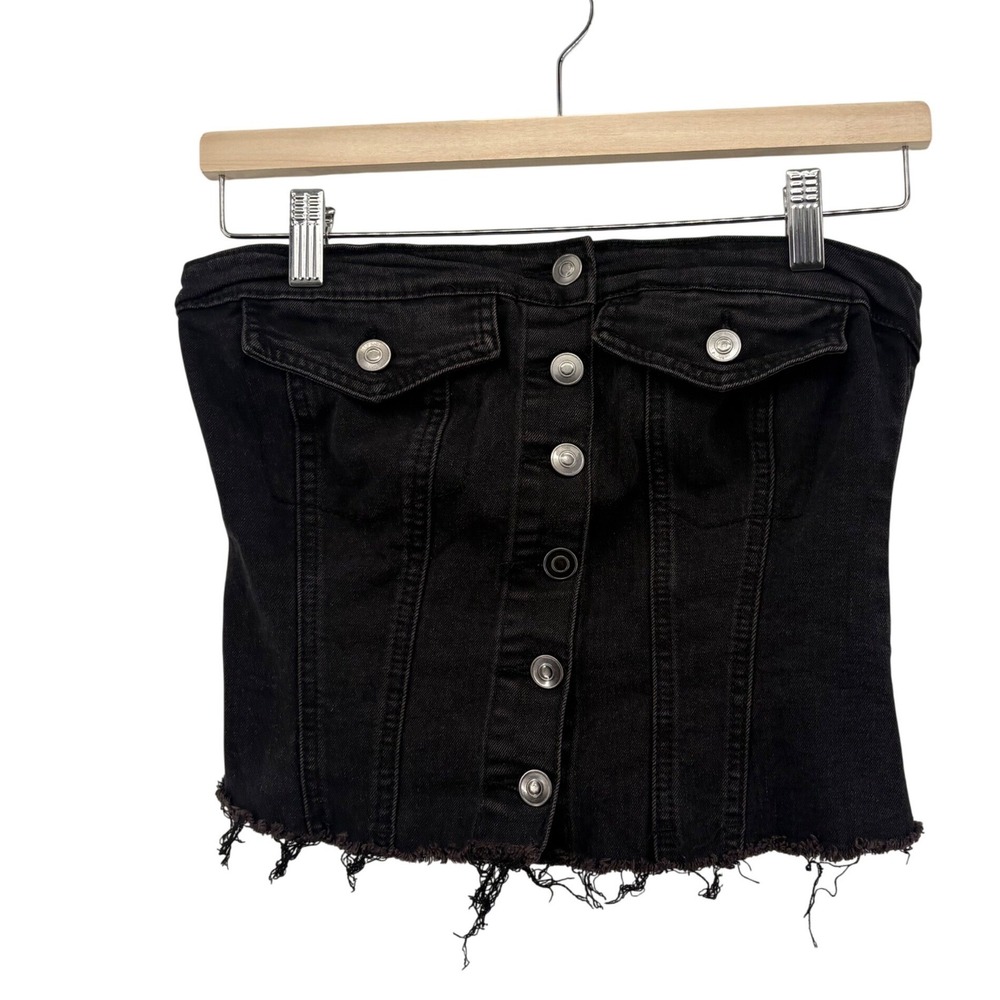 Project Rebel Black Denim Corset Top Strapless Smocked Button Front‎ Raw Hem M